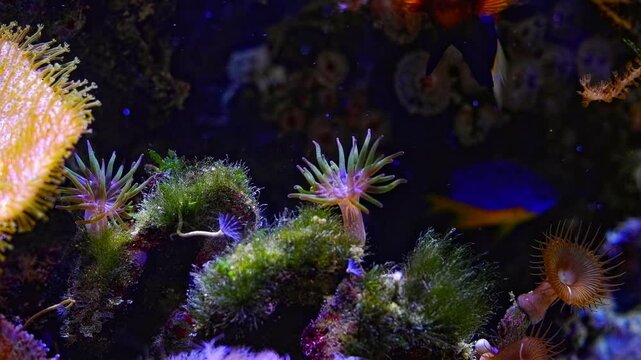 green majano anemone and Palythoa Brown Button polyp move tentacle in water flow, live rock reef marine aquarium, green hair algae, experienced aquarist hobby, tomato clownfish blur, LED blue light