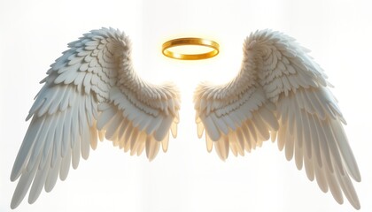 Pair large white angel wings with golden halo float on plain white background. Detailed feather patterns highlight delicate design. Spiritual imagery conveys peace, purity. Art piece suitable for