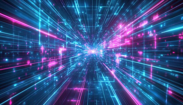 Exploring A Fantasy Cosmic Virtual Reality World Inspired By Retrofuturistic Arcade Video Games, Featuring Neon Laser Grids And 80s-90s Aesthetics. - Powered by Adobe