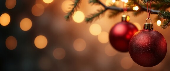 Christmas tree branch with red ornaments and golden hangers, glowing background.Holiday magic. Warmth. Festive joy. Christmas spirit.Christmas banner, flyer, template, greeting card, invitation, p



