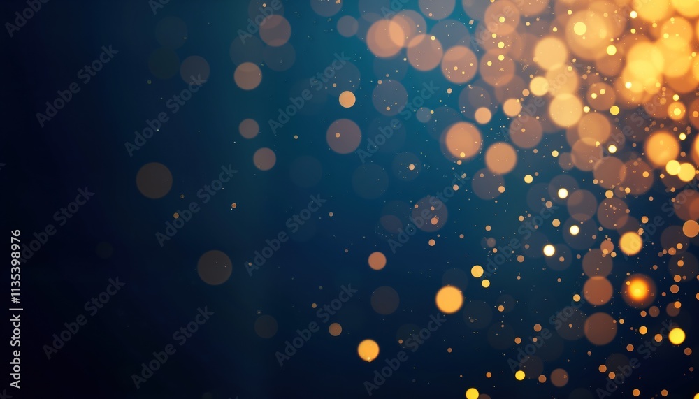 Poster abstract background features dark blue, gold particles. golden light bokeh particles scattered on na