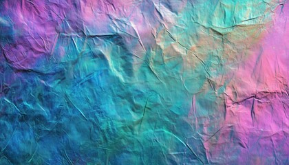 Obraz premium Colorful Holographic Real Ure Featuring Wrinkled Foil In Shades Of Blue, Pink, And Green, Showcasing Scratches And Irregularities In The Design.