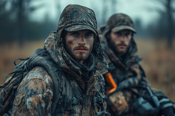 Obraz premium Hunting ambush with two men in camouflage in a misty field during early morning hours