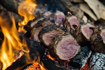 Venison roasted over an open fire at a hunting dinner in the wilderness