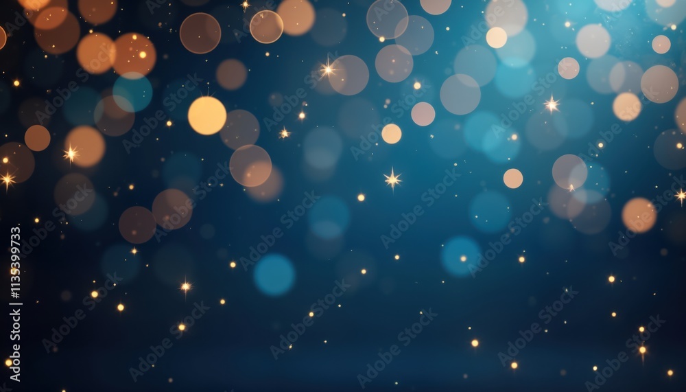 Poster Abstract festive background with blurred bokeh lights. Glittering stars, sparkling effects create celebratory night scene. Dark blue backdrop. Ideal for Christmas, New Year templates holiday designs.