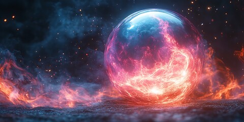 Obraz premium Electric plasma orb blue and pink light rays dark background swirling quantum energy and static discharge