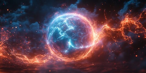 Obraz premium Electric plasma orb blue and pink light rays dark background swirling quantum energy and static discharge