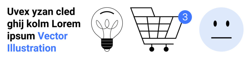 Fototapeta premium Light bulb, shopping cart with notification badge showing 3, and neutral face emoticon. Ideal for e-commerce, online shopping, notifications, innovation, ideas, emotions, and customer feedback