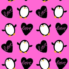 Valentine love hearts seamless 14 February penguin pattern for wrapping paper