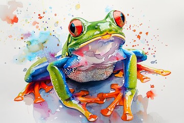 A close-up watercolor painting of a green tree frog with bright red eyes