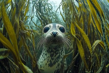 A curious seal looking directly at the camera, framed by kelp forests swaying with the current.