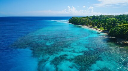 Fototapeta premium Tropical Coastline, Turquoise Water, Pristine Beach. Concept of paradise, vacation, and relaxation.