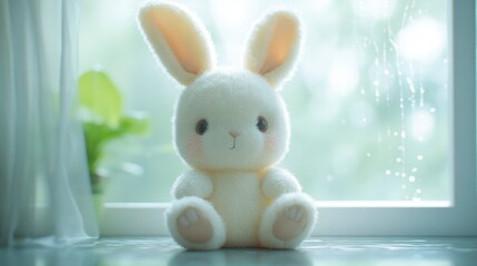 Adorable Cream Plush Bunny Sitting by Window, Soft Light