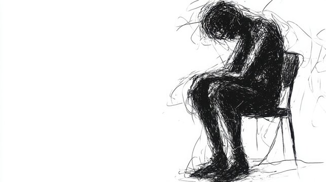 Sad Person Sitting, Head Down, Sketch Style, Copy Space