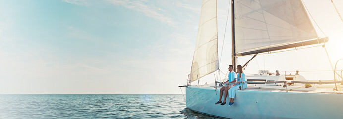 Travel, holiday and couple on boat at sea for sailing adventure, summer cruise and sightseeing...