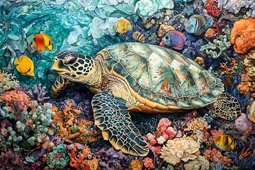 Obraz premium A green sea turtle resting on coral, surrounded by vibrant fish.