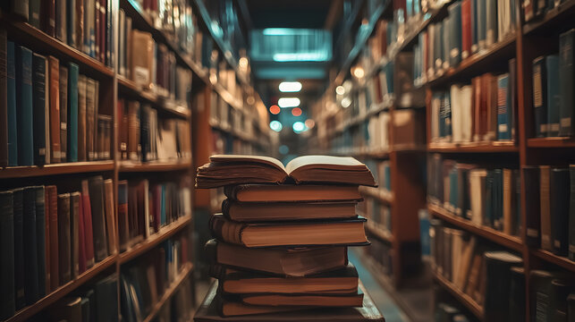 An open book in a library, stacked with old textbooks, surrounded by shelves of literature in an academic setting.