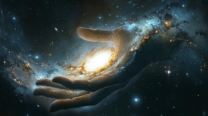 Fototapeta premium Cosmic Hand Gently Holding Spiral Galaxy in Deep Space