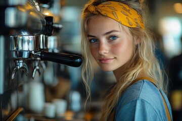 Beautiful girl with blonde barista hair brewing coffee while wearing a yellow bandana