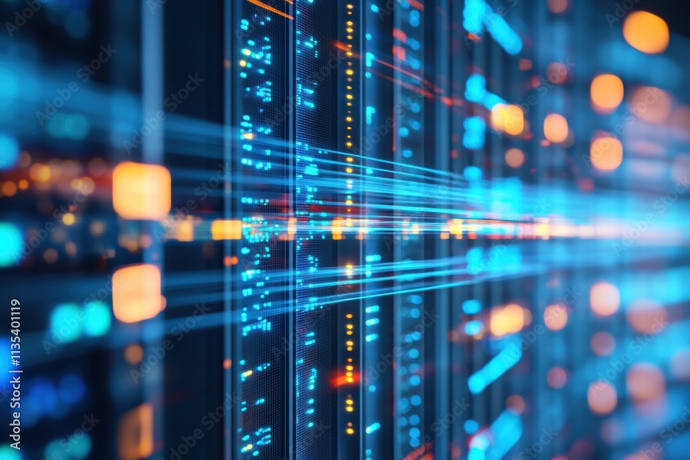 Poster visual representation of dynamic data flow through blurred lines in a digital environment