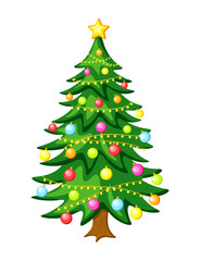 New Year festive tree in cartoon style.Vector illustration green Christmas tree with trunk, decorated with star, colored balls of different sizes, shining garland isolated on white background.Holiday.