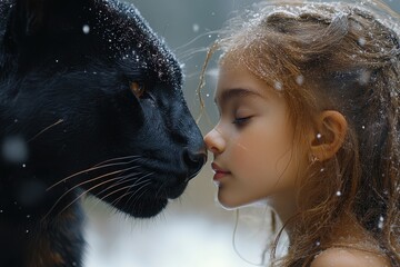 Little girl and black panther share a moment in a snowy landscape with fog and deep affection