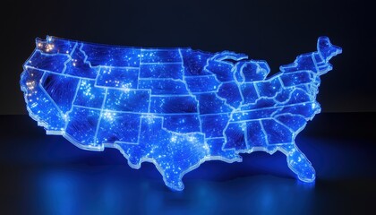 Blue Dimensional United States Map Symbol With Fibre Optic Cell Cables And Shining Center Dots: U.S.A'S Modern Communication Network Technology.