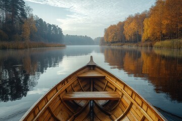 Obraz premium Fishing in a wooden boat on a tranquil river surrounded by autumn foliage