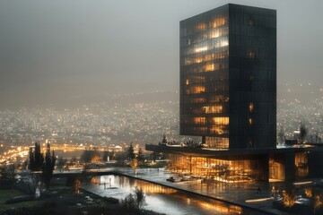 Modern office tower illuminated at night amidst an urban landscape