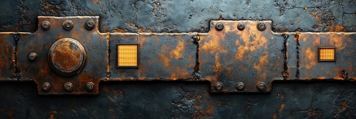 Rusty metal texture with intricate chip-style engraving showcased on a weathered surface