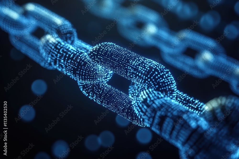 Poster pulsating dots illustrating blockchain technology in a futuristic digital network setup