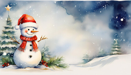 Watercolor illustration of Merry Christmas greeting card with cute snowman on winter landscape background with pine tree with copy space for text. Christmas invitation card or letter