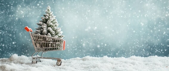 Small snowy Christmas tree in shopping cart on snow.