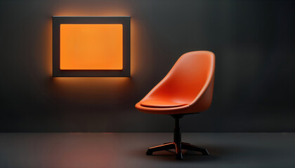 Orange chair minimalist recruitment concept. Empty office space with illuminated orange wall light. Hiring advertisement concept. Recruitment office interior design. Modern style workplace.