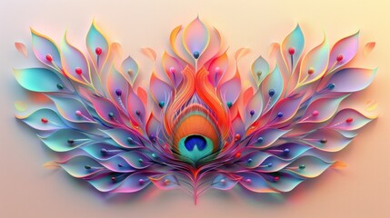 Vibrant Feathered Peacock Tail Inspired Digital Art with Colorful Abstract Pattern and Gradient Overlay  This mesmerizing and captivating image features a visually striking design with organic