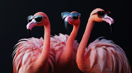 Three pink flamingos wearing sunglasses on a dark background, fun summer party vibe