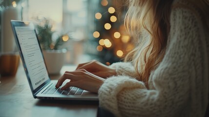 Close-up of a woman working on a laptop in a bright modern office environment