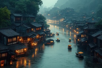 Obraz premium Misty morning in an ancient southern River town with fishermen paddling boats