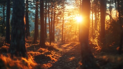 Obraz premium Golden Sunset Path Through Forest. Nature, Tranquility, Sunlight
