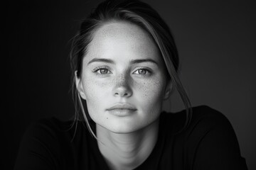 Fototapeta premium An artistic close-up portrait of a young woman with captivating freckles, showcasing her genuine expression and highlighting natural beauty with a soft focus.