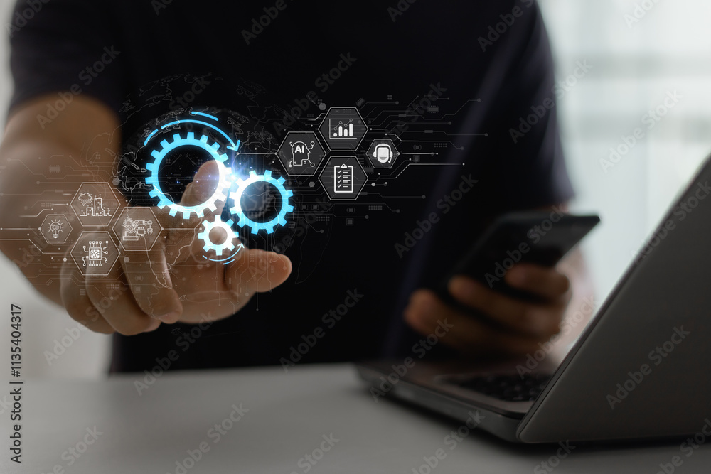 Aufkleber Robotic process automation concept, RPA, artificial intelligence. Engineer use laptop with virtual automation technology to automate business tasks with AI. Digital transformation, change management.