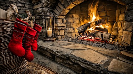 Cozy Christmas fireplace scene with red stockings.