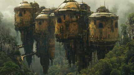 Fototapeta premium Ancient Mystical Civilization, Dwelling In The Sky Amongst Moss, Lichen, and Greenery