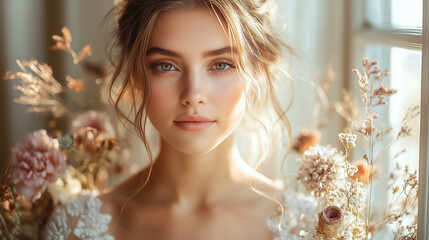 Fototapeta premium Bridal portrait with natural light and floral accents indoors