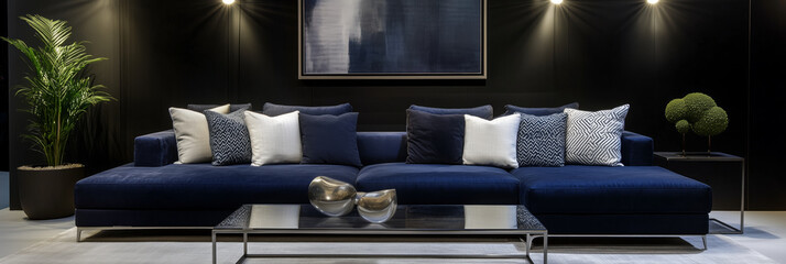 Luxurious navy blue sofa with decorative pillows in a modern living room
