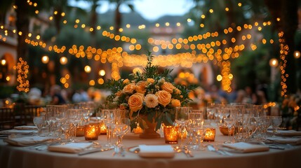 Elegant evening wedding reception with floral arrangements and lights