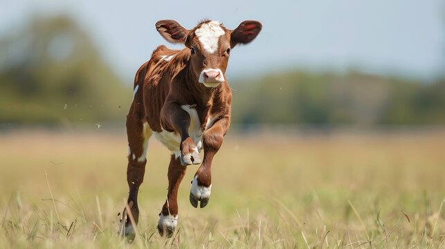 A Playful Calf Running Through a Sunny Field