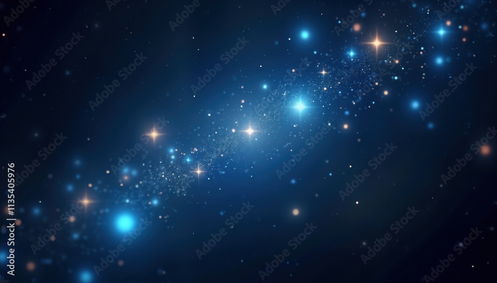 Poster Abstract cosmic background with glowing stars, bokeh lights. Dark blue night sky filled with sparkling particles. Dynamic pattern creates dreamy, mysterious atmosphere. Ideal for backgrounds for