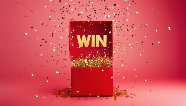 Golden Win Flies Out Of The Red Gift Box, Revealing A Confetti Explosion And The Word Win Inside. Flying Particles From The Gift Box Create A Mesmerizing Effect In The Red Background.