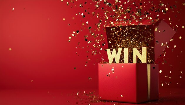 Golden Win Bursting Out Of Red Gift Box With Confetti Explosion And Flying Particles In The Air. Open Ured Red Box For Surprise.